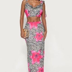 Fashion Nova Pink Floral Zebra Print Skirt Set